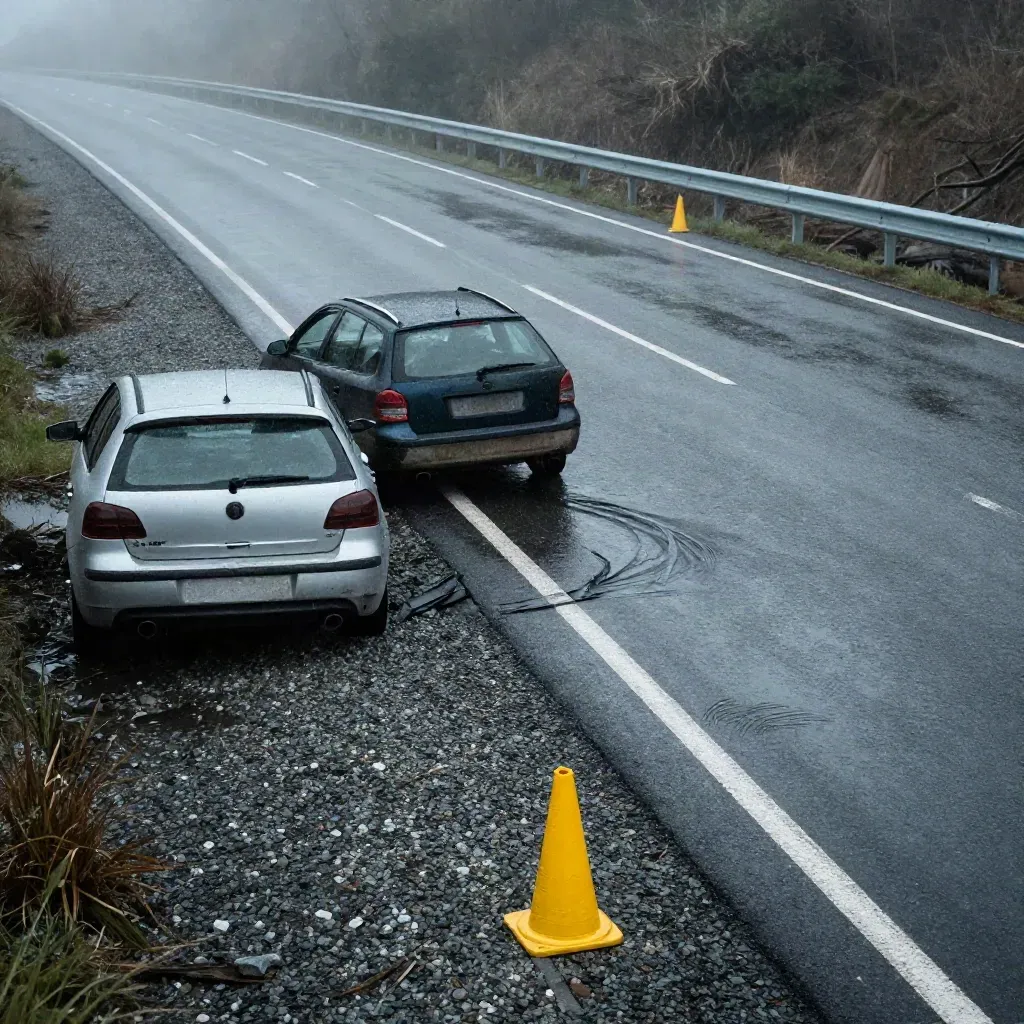 Abgeräumte Unfallstelle auf der B6 mit zwei Autos am Rand und gelben Leitkegeln im Regen.