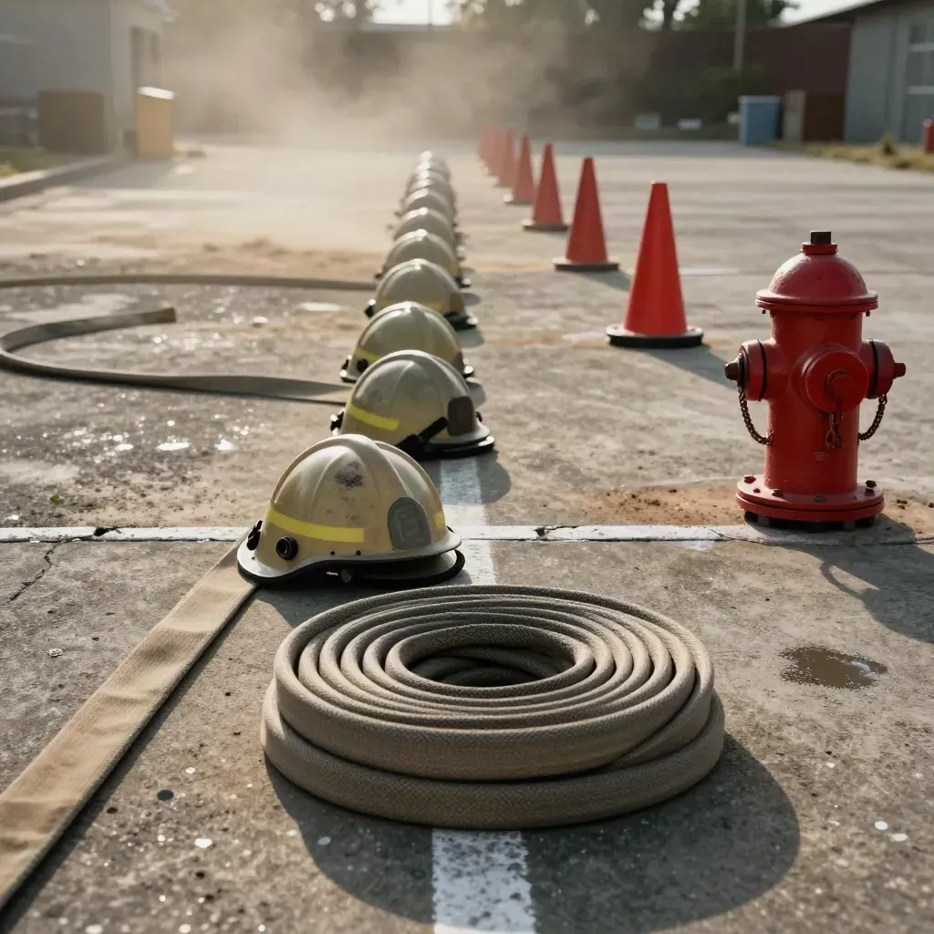 Jugendfeuerwehr-Übungslane mit Helmen, Schlauch, Pylonen und Hydrant auf Betonhof.