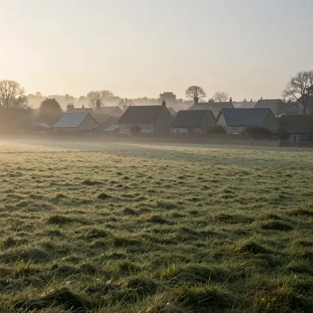 Morgendämmerung über Grossharthau mit Wiesenrand, niedrigen Dächern und aufziehendem Nebel.