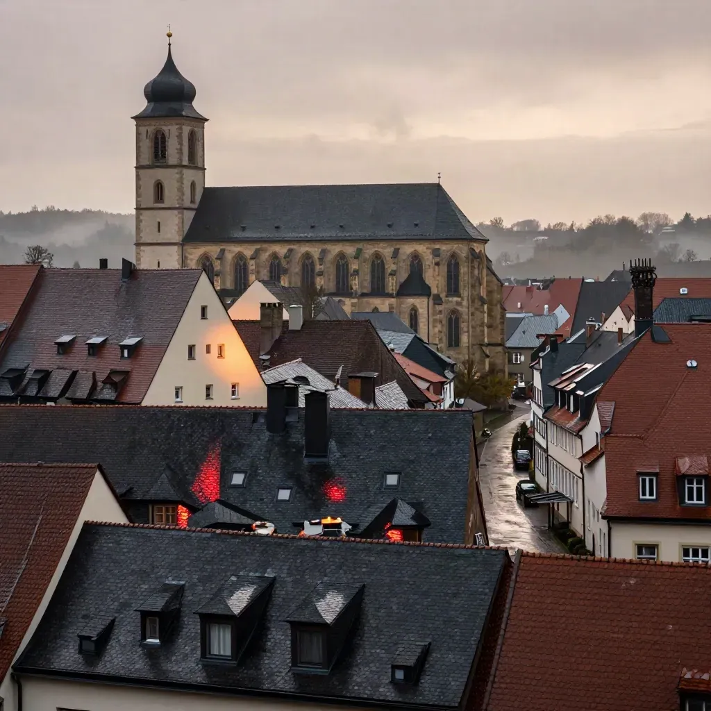 Bischofswerda bei Abenddunst mit Kirchtürmen, alten Dächern und nassen Gassen von oben.